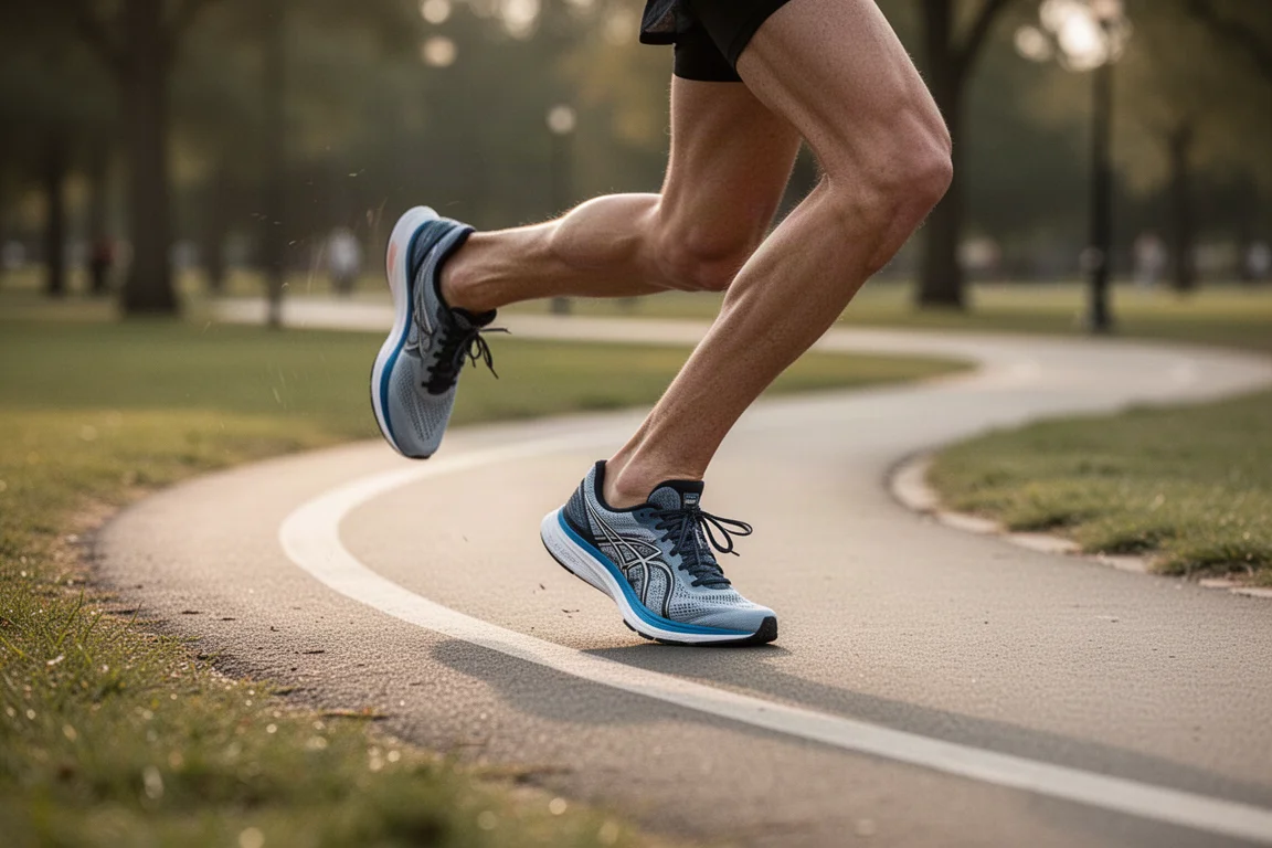 Close-up of a runner cornering aggressively on a paved park path
