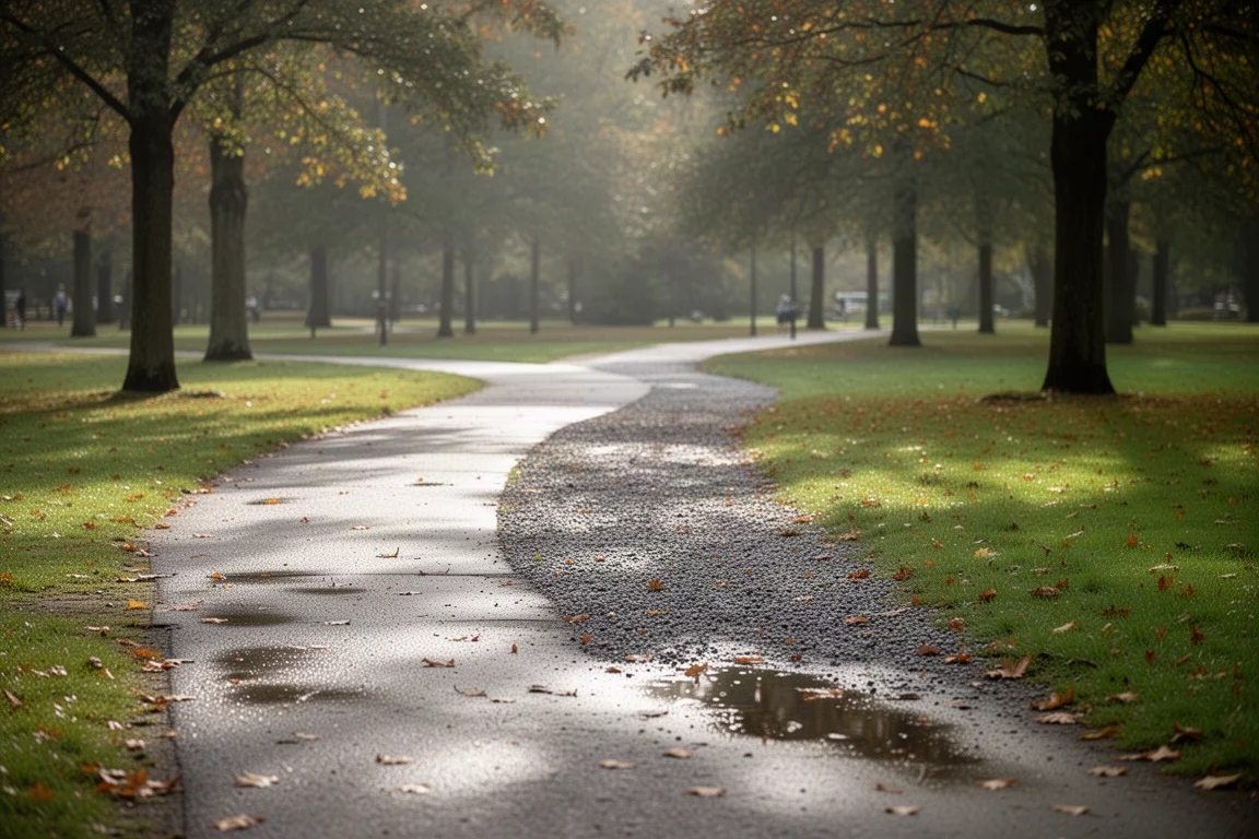 Trail and gravel path winding through a park in soft daylight