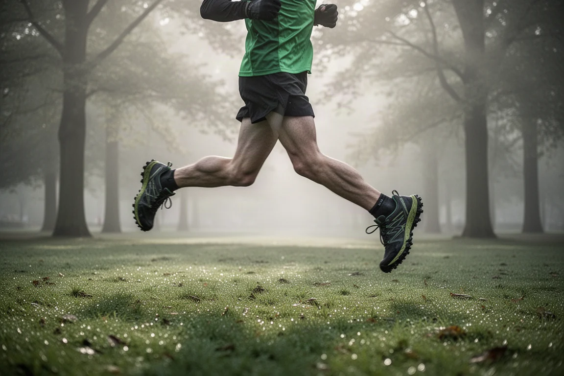 Runner on a grassy parkrun course beside trees in morning light