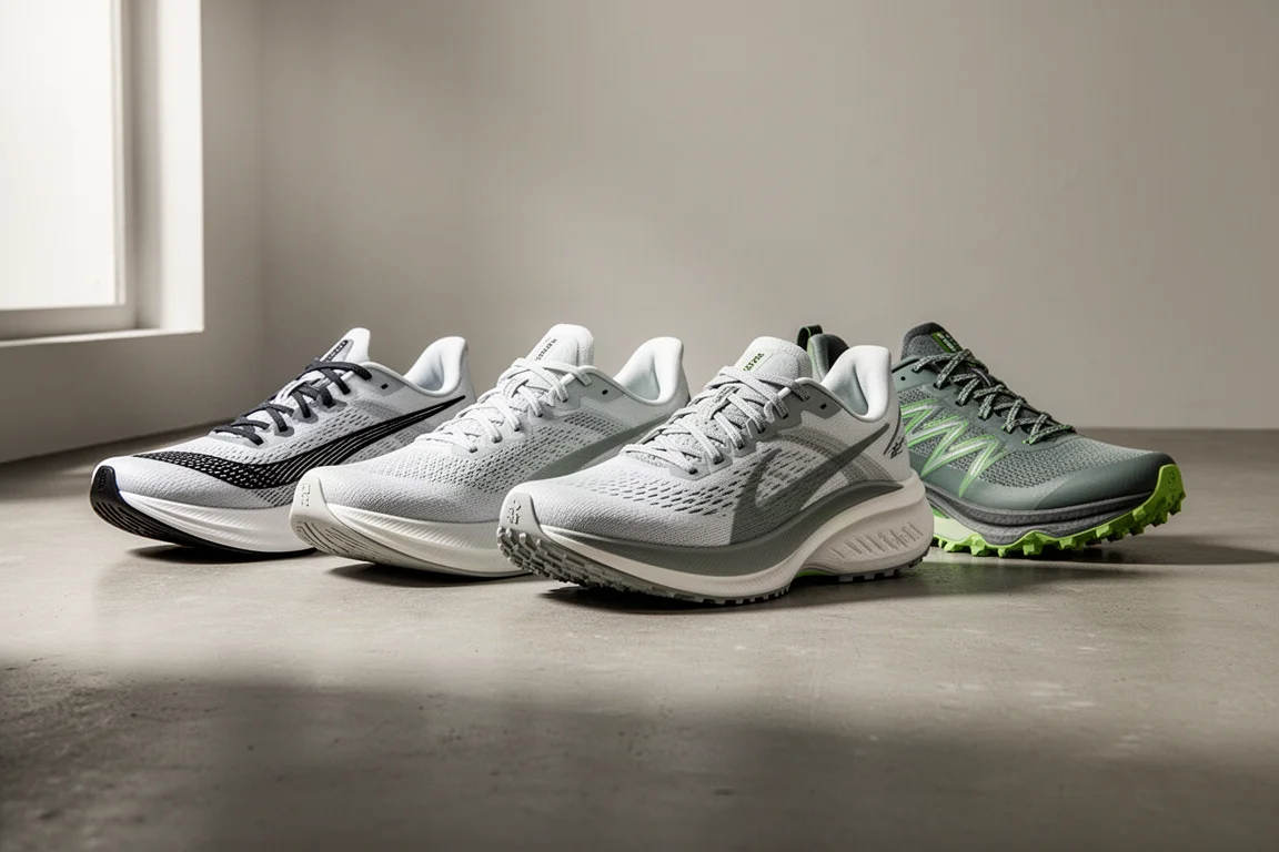 Lineup of racing, cushioned and trail running shoes on a concrete surface