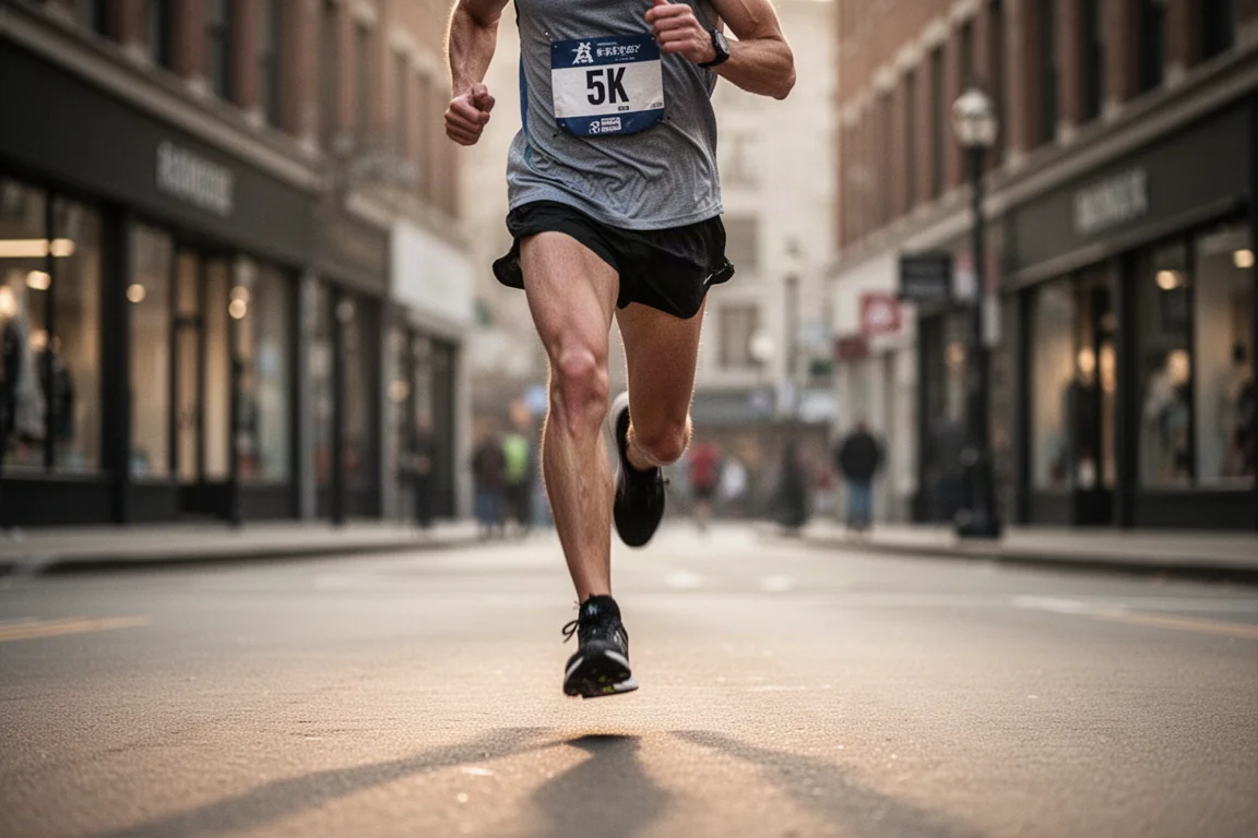 Löpare som sprinterar på en avstängd stadsgata under ett 5K-lopp