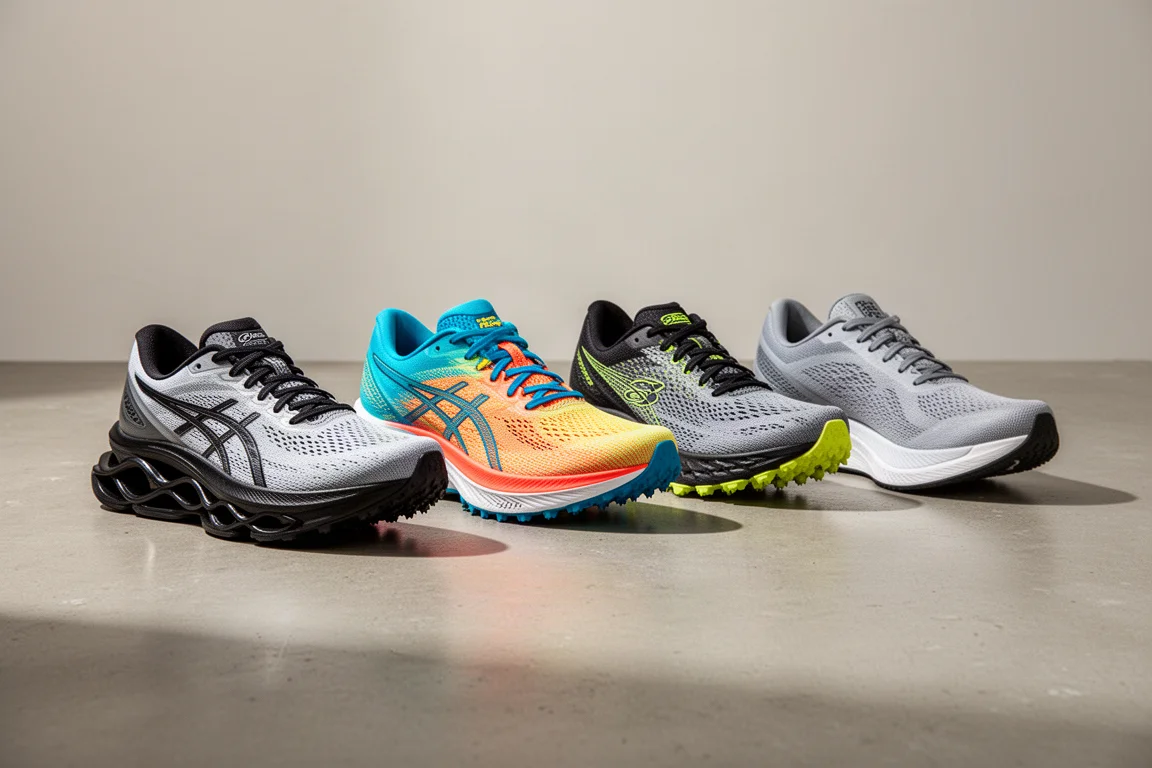 Four racing shoes arranged in a row on a matte concrete surface