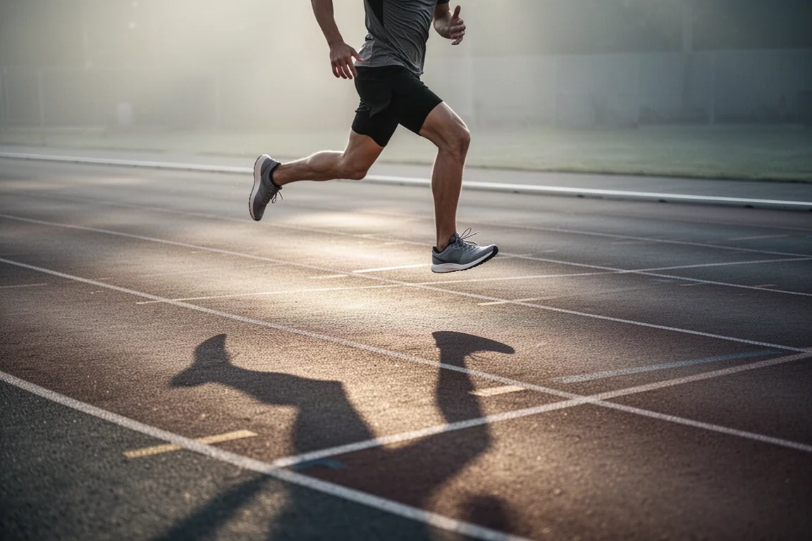 Hardloper die opwarmt op een lege atletiekbaan in het vroege ochtendlicht