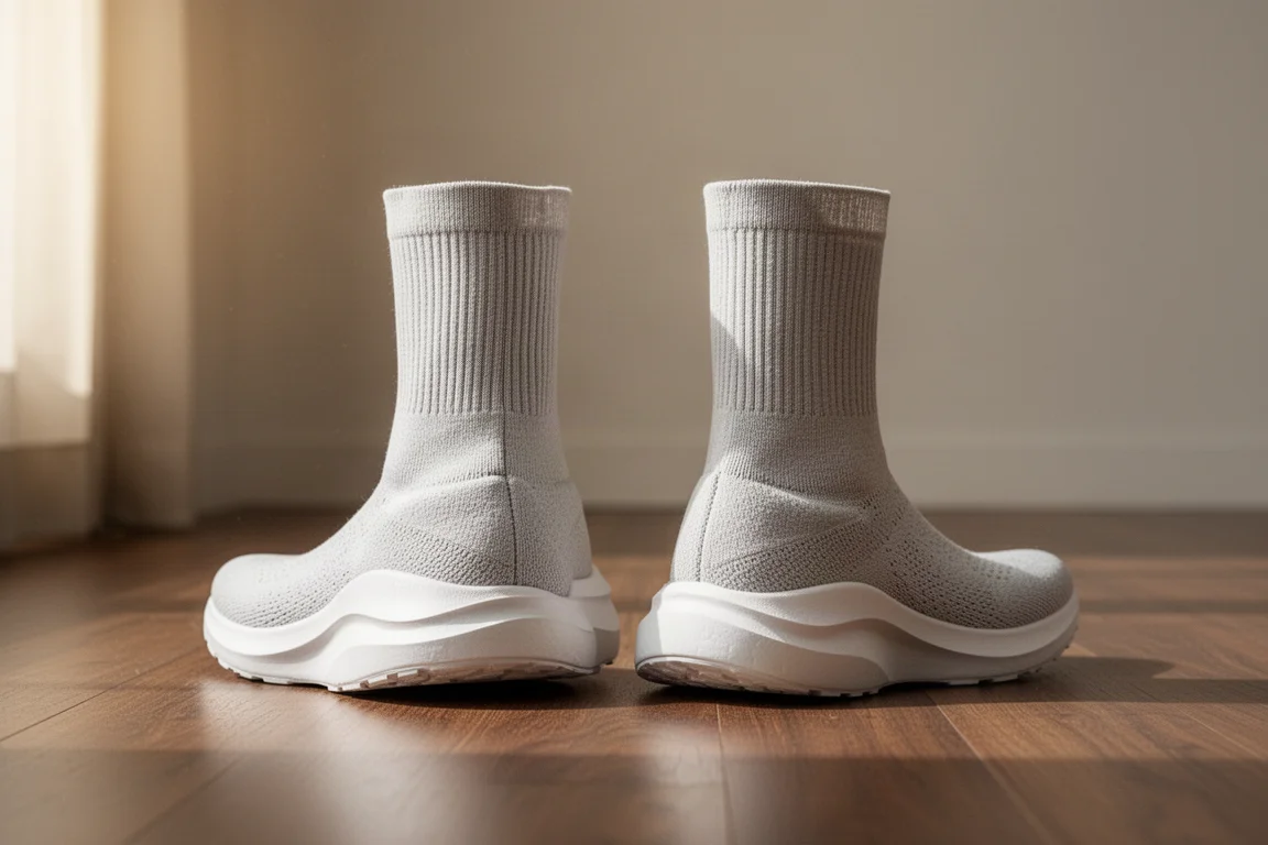 Twee sterk gedempte hardloopschoenen naast elkaar op een houten vloer