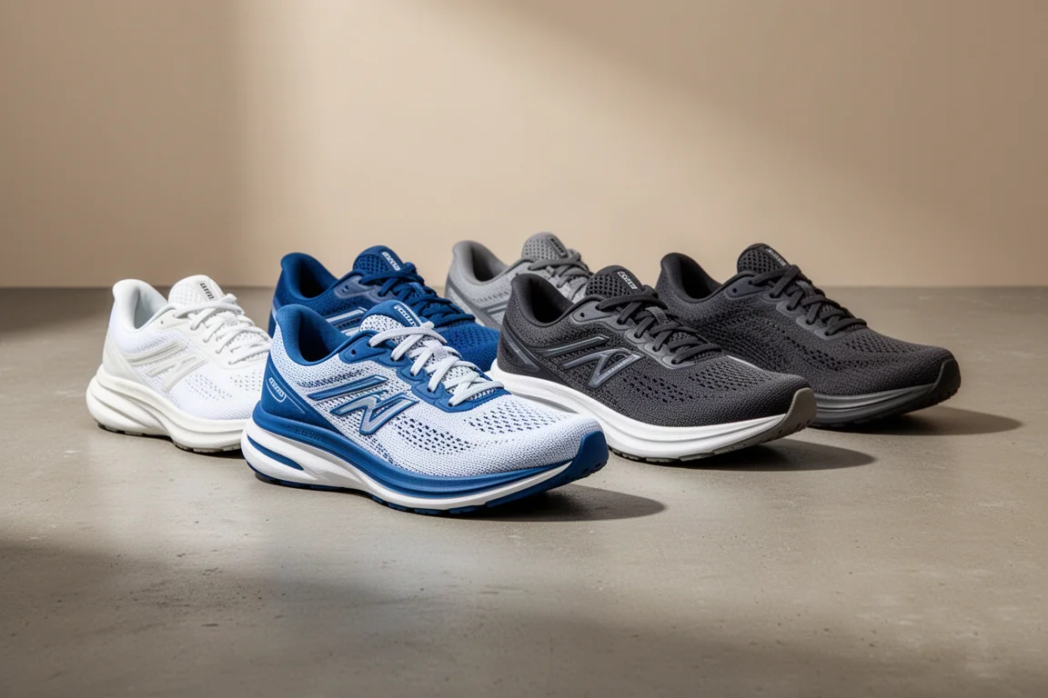 Zeven moderne hardloopschoenen in een rij op een betonnen ondergrond