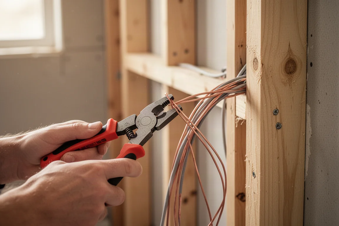 Elektricien stript luidsprekerkabel op een woonproject-bouwplaats