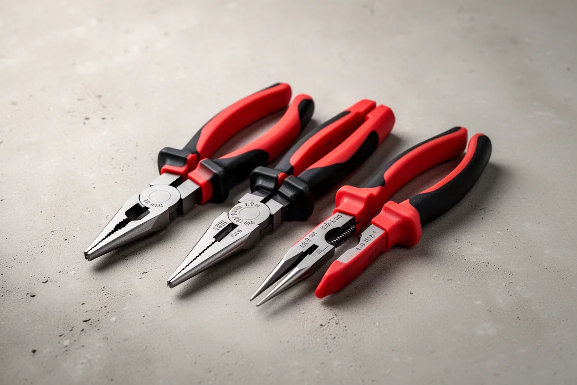 Three 6-in-1 electricians pliers with red grips lined up on a concrete surface