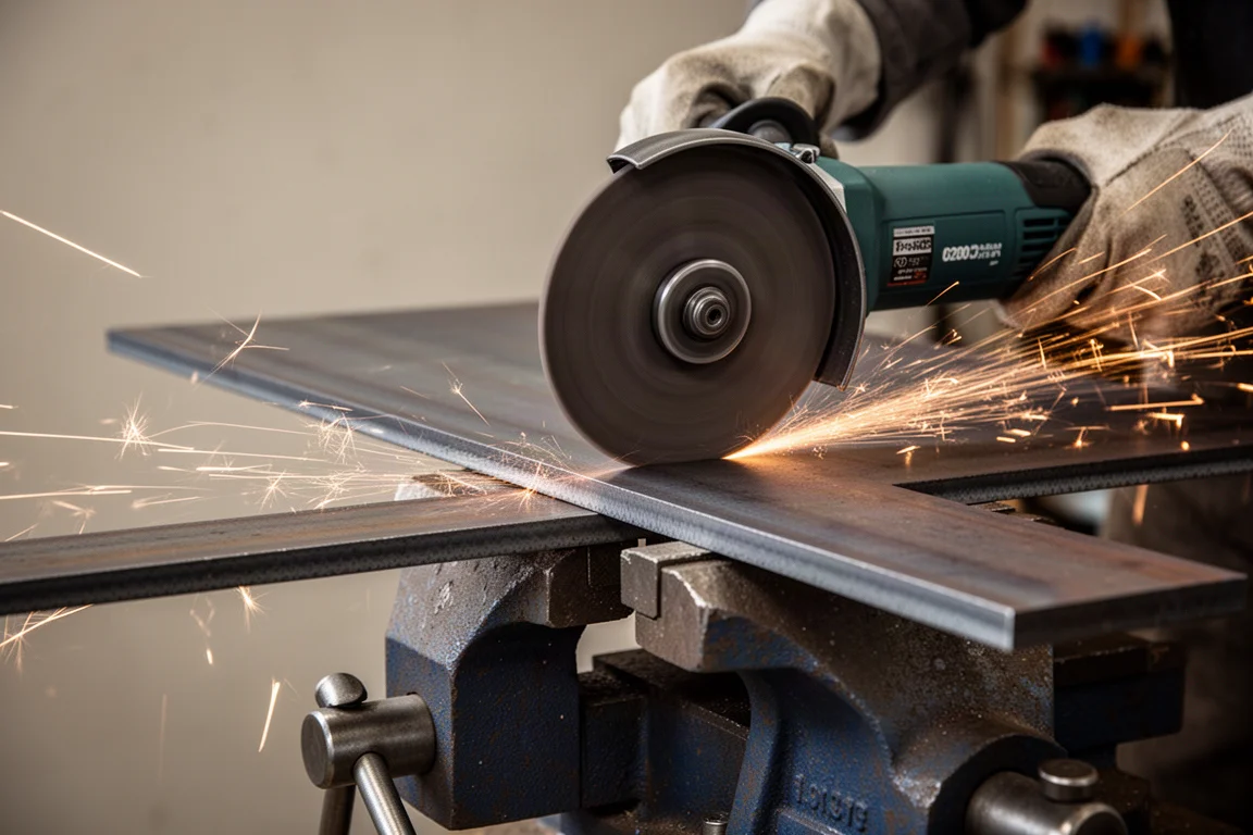 Grinder cutting through thick steel plate sending sparks across a workbench