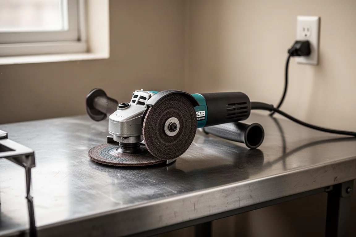 Corded angle grinder plugged into a wall outlet on a workbench