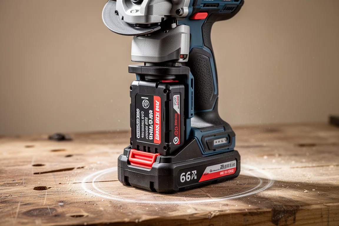 Cordless grinder fitted with a large slide-pack battery standing on a workbench