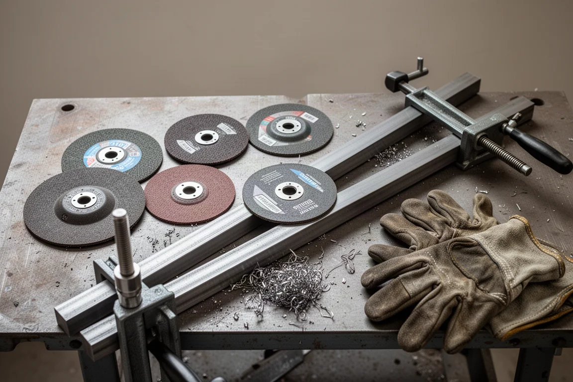Workshop bench scattered with cutting discs and clamped steel stock