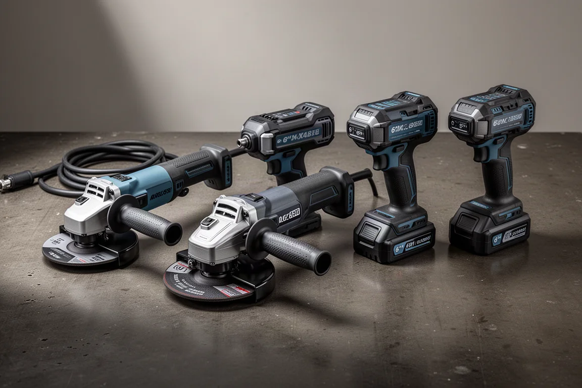 Four 6-inch angle grinders lined up on a dark concrete workshop surface