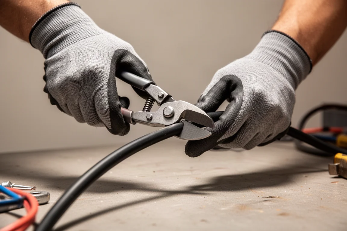 Hände schneiden mit großgriffigen Seitenschneidern ein dickes Romex-Kabel einhändig
