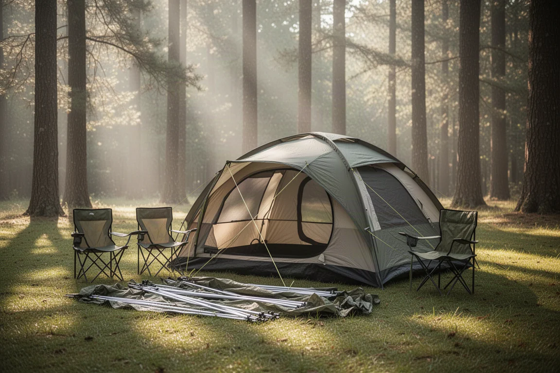 Familia montando una tienda de campaña grande para seis personas en un camping con césped
