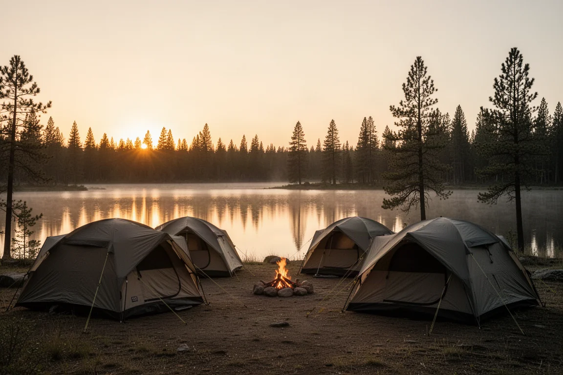 Zona de acampada con varias tiendas montadas junto a un lago al atardecer