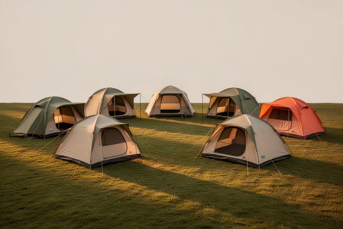 Seven six-person camping tents arranged on a grassy field at golden hour