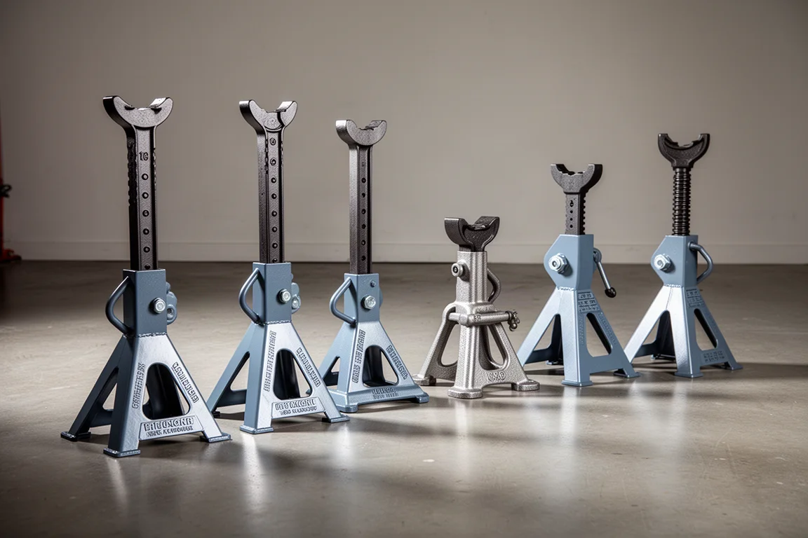 Fileira de diferentes designs de cavaletes de 6 toneladas sobre um piso de concreto
