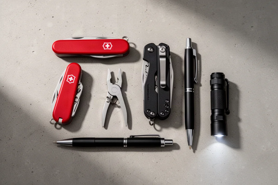 Vista dall'alto di un set everyday carry con coltellino, pinze, penna e torcia su superficie piatta