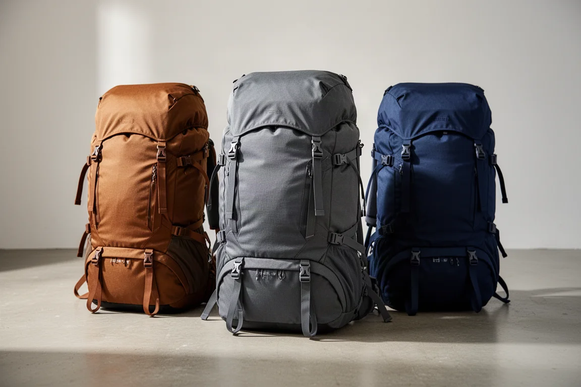 Three hiking backpacks in brown, grey and navy standing side by side on concrete