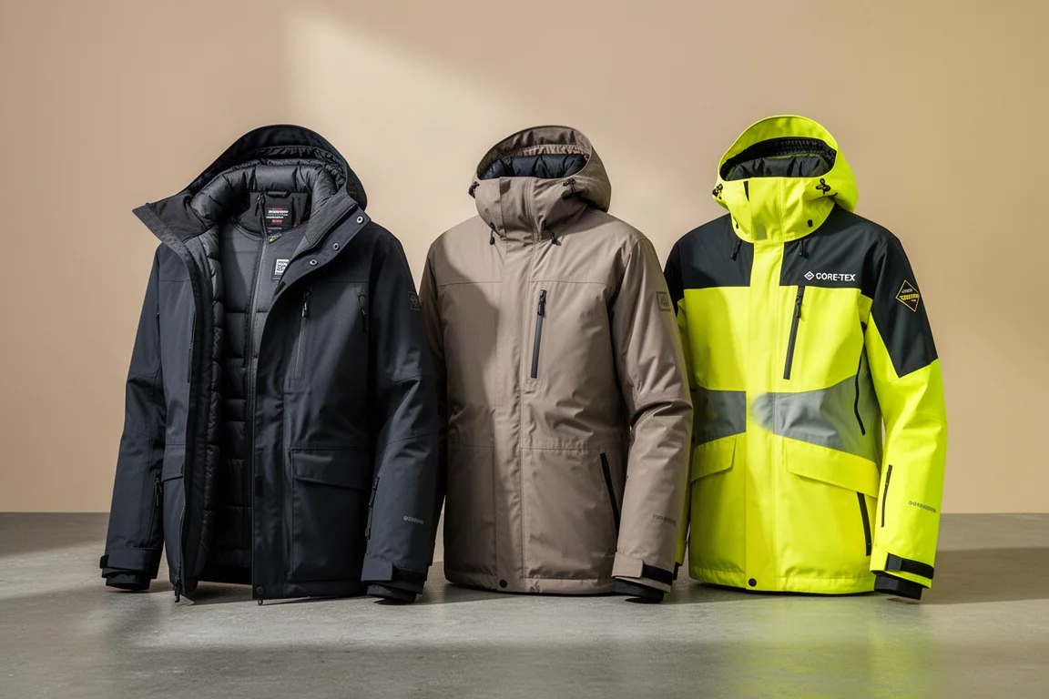 Tres chaquetas de snowboard 686 colocadas lado a lado sobre una superficie de hormigón