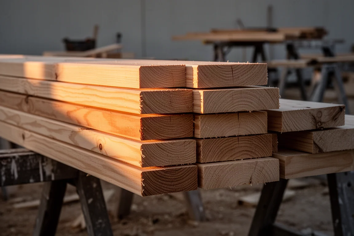 Planches de bois fraîchement coupées empilées sur un chantier au crépuscule