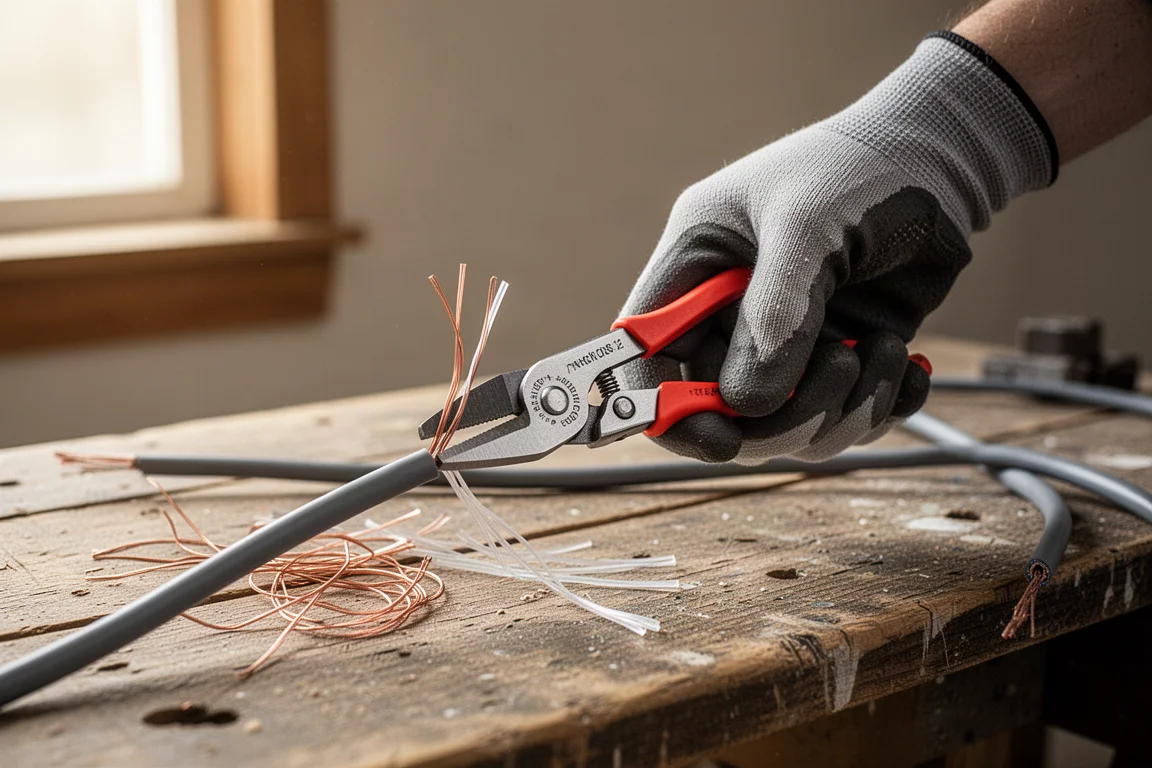 Elektriker durchtrennt einhändig 12-gauge-Romex-Kabel mit kompakten Zangen