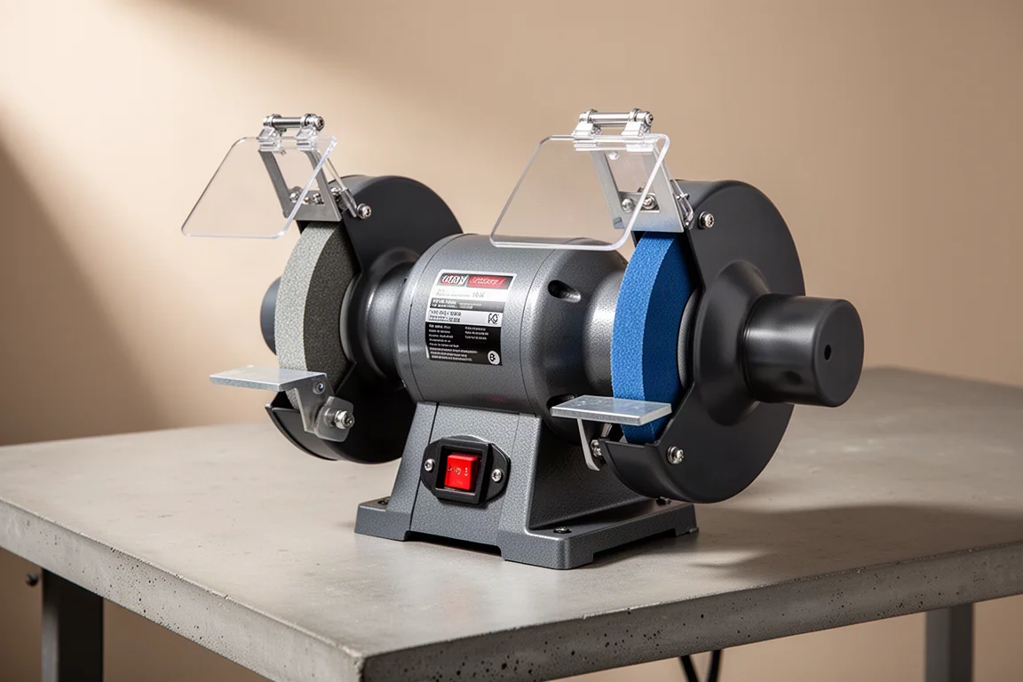 8-inch bench grinder with cast iron base and clear eye shields on a concrete workbench