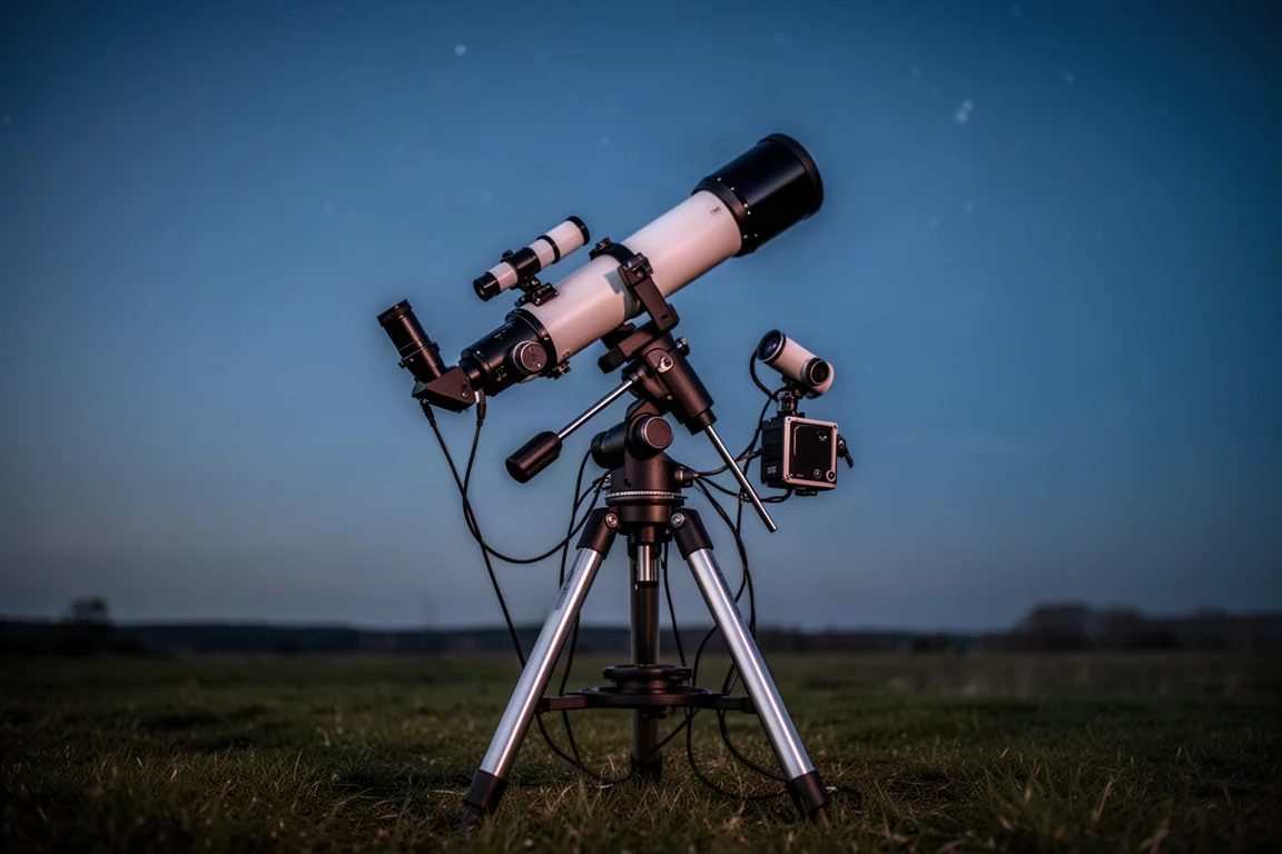 Deep-Sky-Astrofotografie-Aufbau mit Teleskop, Kamera und Leitrohr auf motorisierter Montierung bei Nacht
