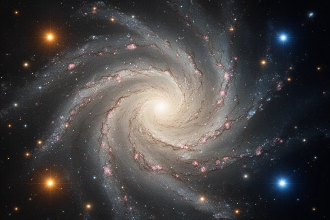 Bearbeitetes Astrofoto der Feuerradgalaxie mit farbigen Sternen
