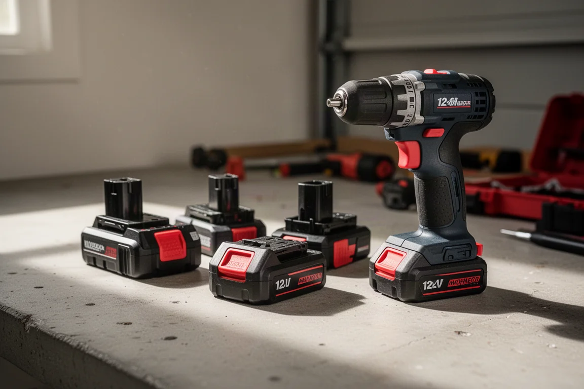 Perceuse sans fil et batteries posées sur un établi de garage sous la lumière d'une fenêtre