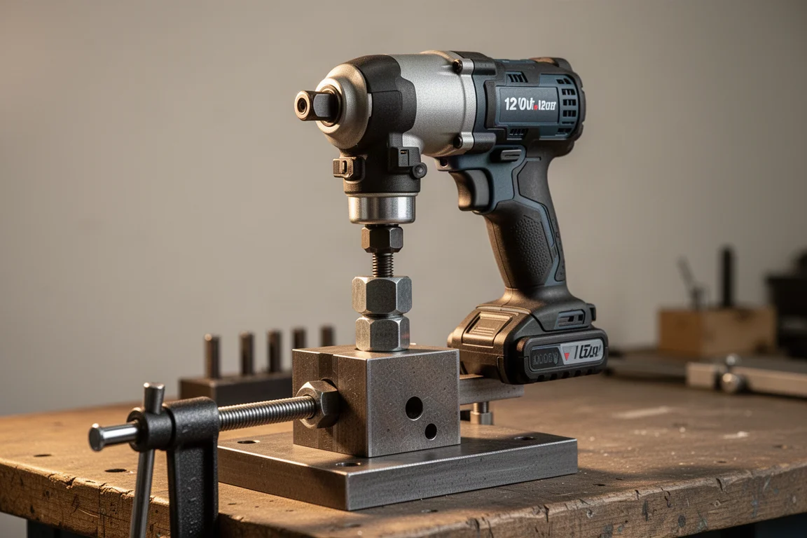 Boulonneuse à choc compacte sans fil serrant une grande fixation sur un établi d'atelier