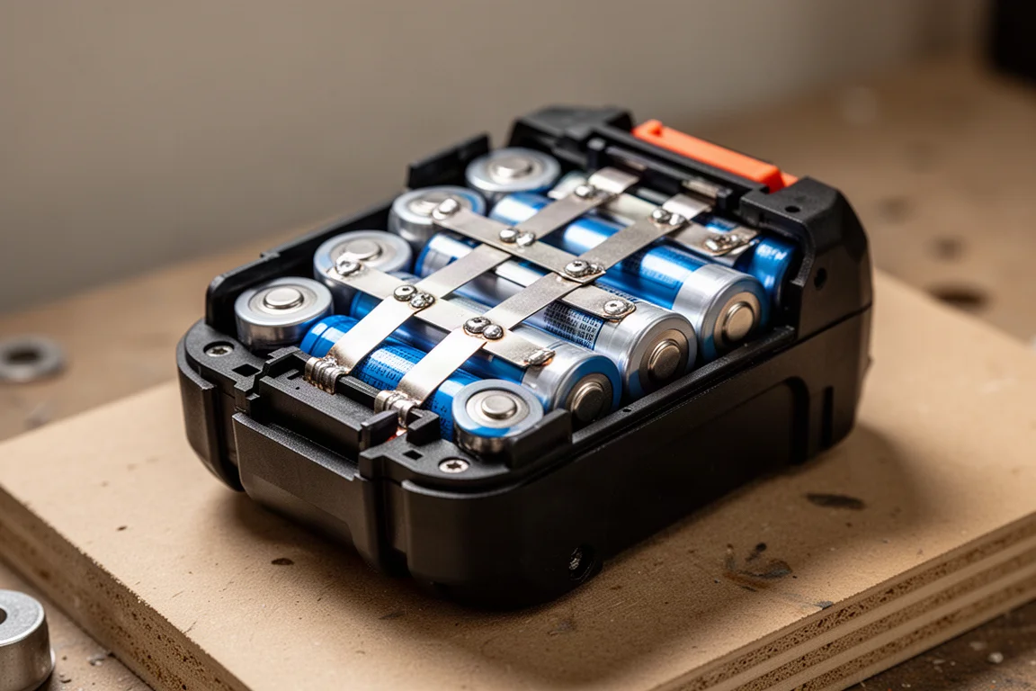 Batterie ouverte révélant des rangées de cellules lithium et des barres collectrices soudées