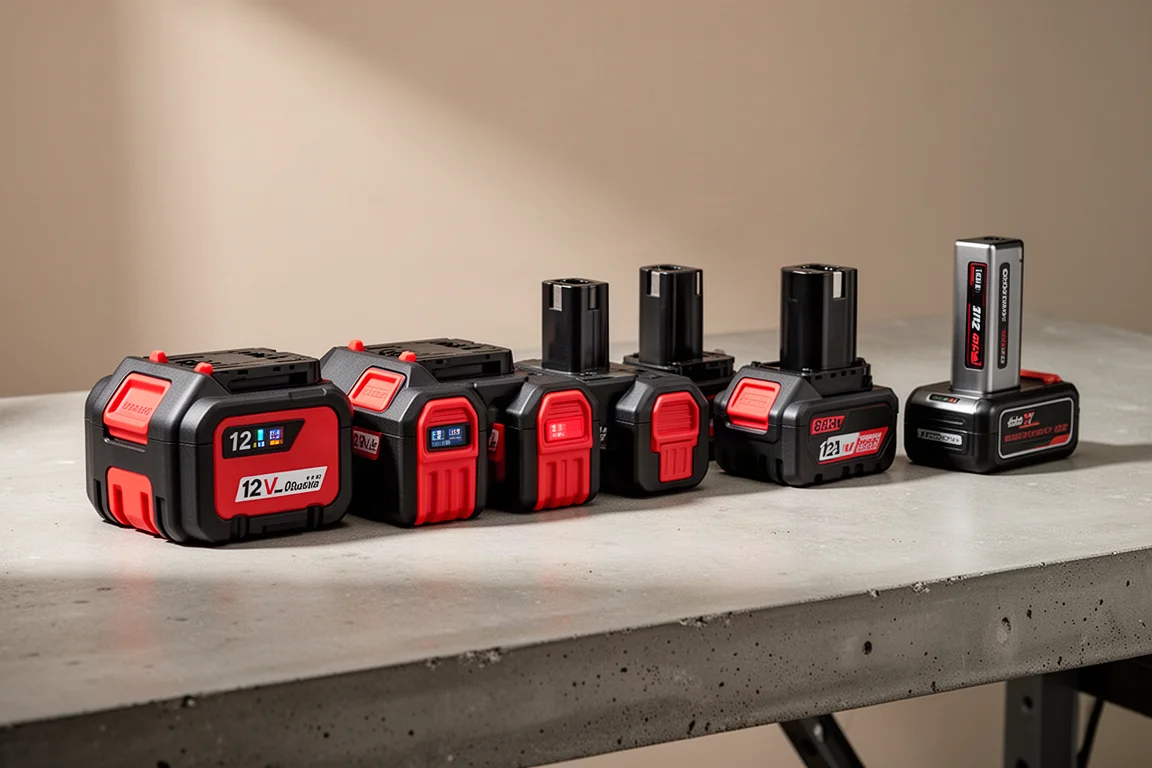 Five cordless 12-volt tool batteries lined up on a concrete workbench