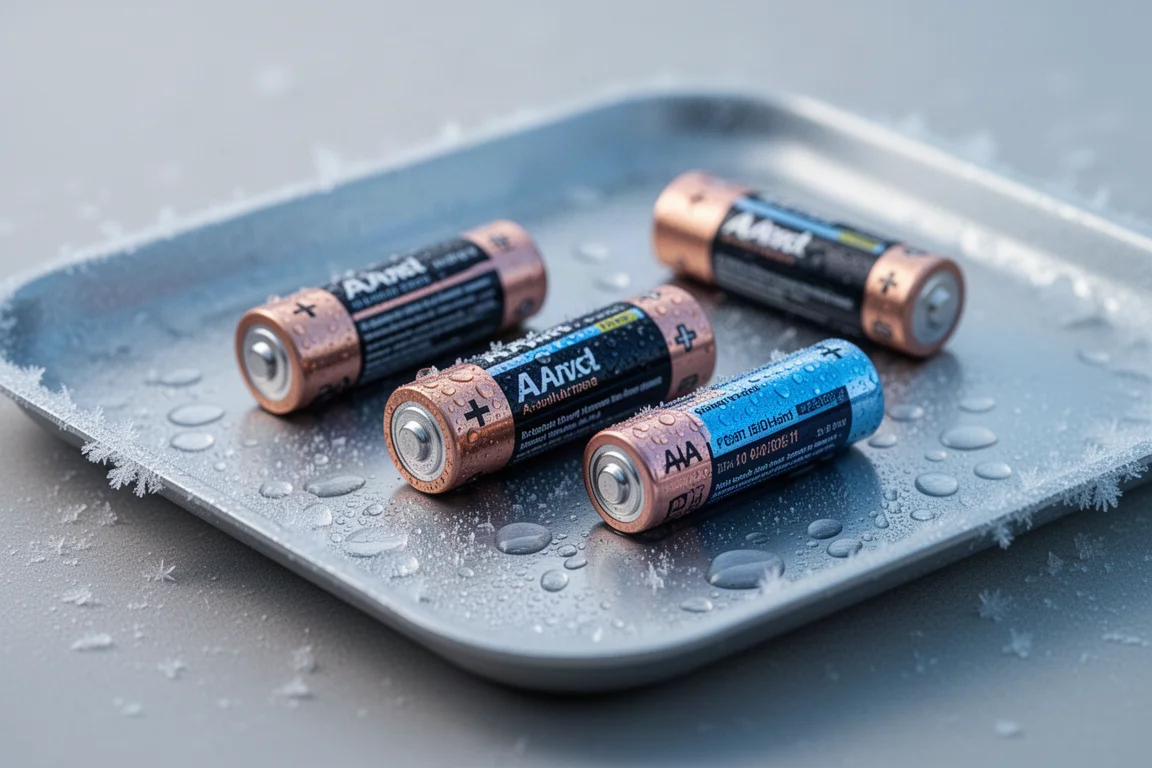 Nedisade AA-batterier på en istäckt yta