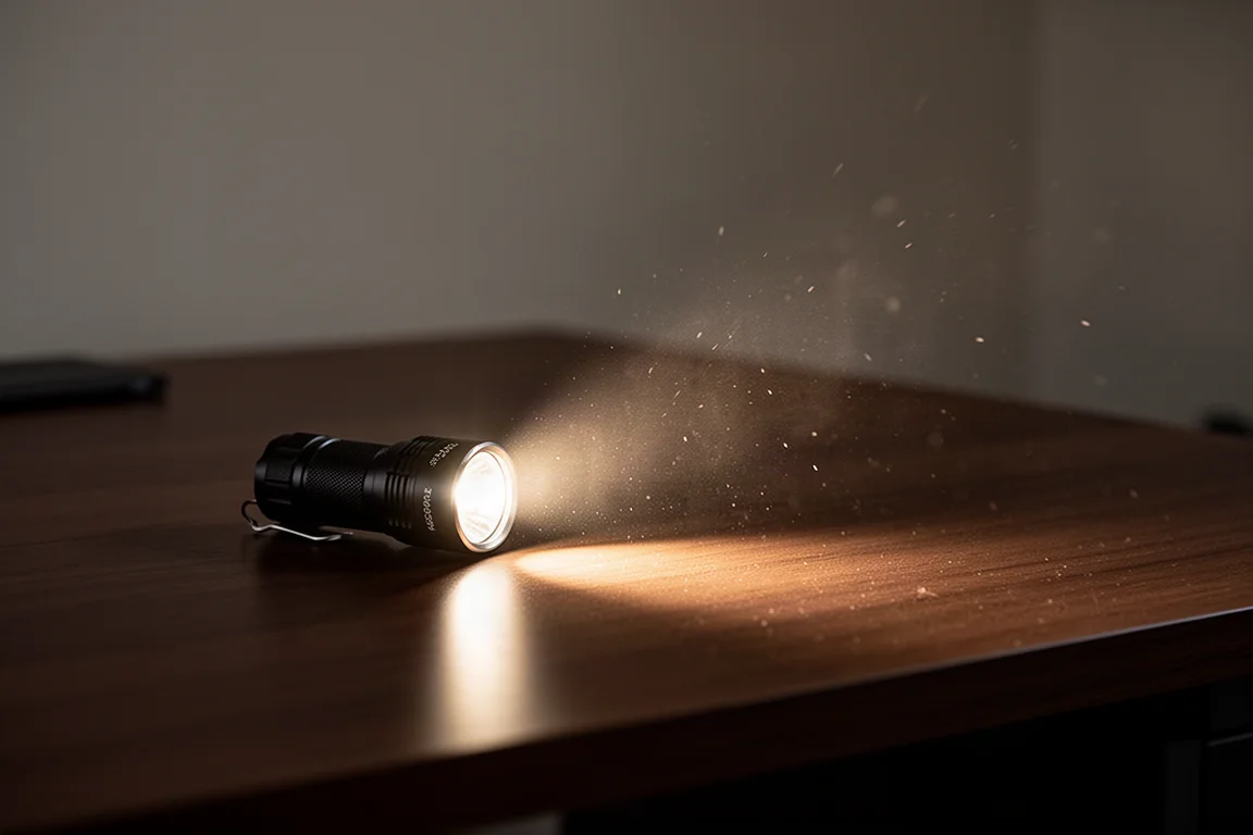 Ficklampa med ett AA-batteri som sprider ett starkt ljus i ett dunkelt rum