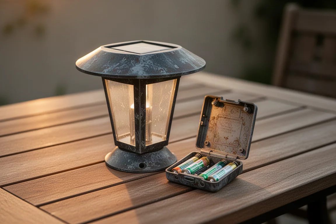 Laddningsbara AA-batterier i en solcellsdriven trädgårdslampa efter år utomhus