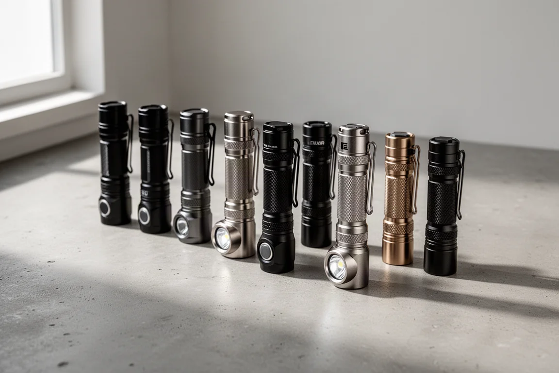 Lineup of ten compact AA flashlights on a matte concrete surface