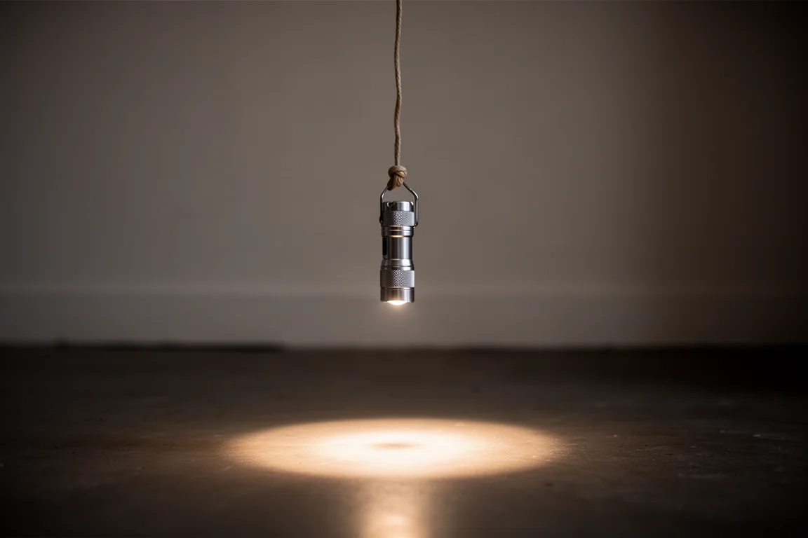 Una piccola torcia appesa a un cordoncino da collo che proietta una luce diffusa su un pavimento buio