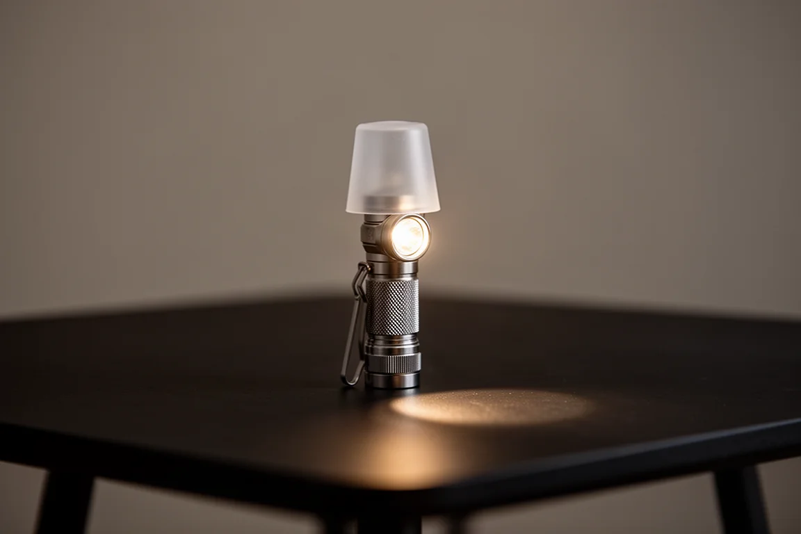 Kompakt ficklampa med en diffusor som sprider mjukt ljus över ett bord