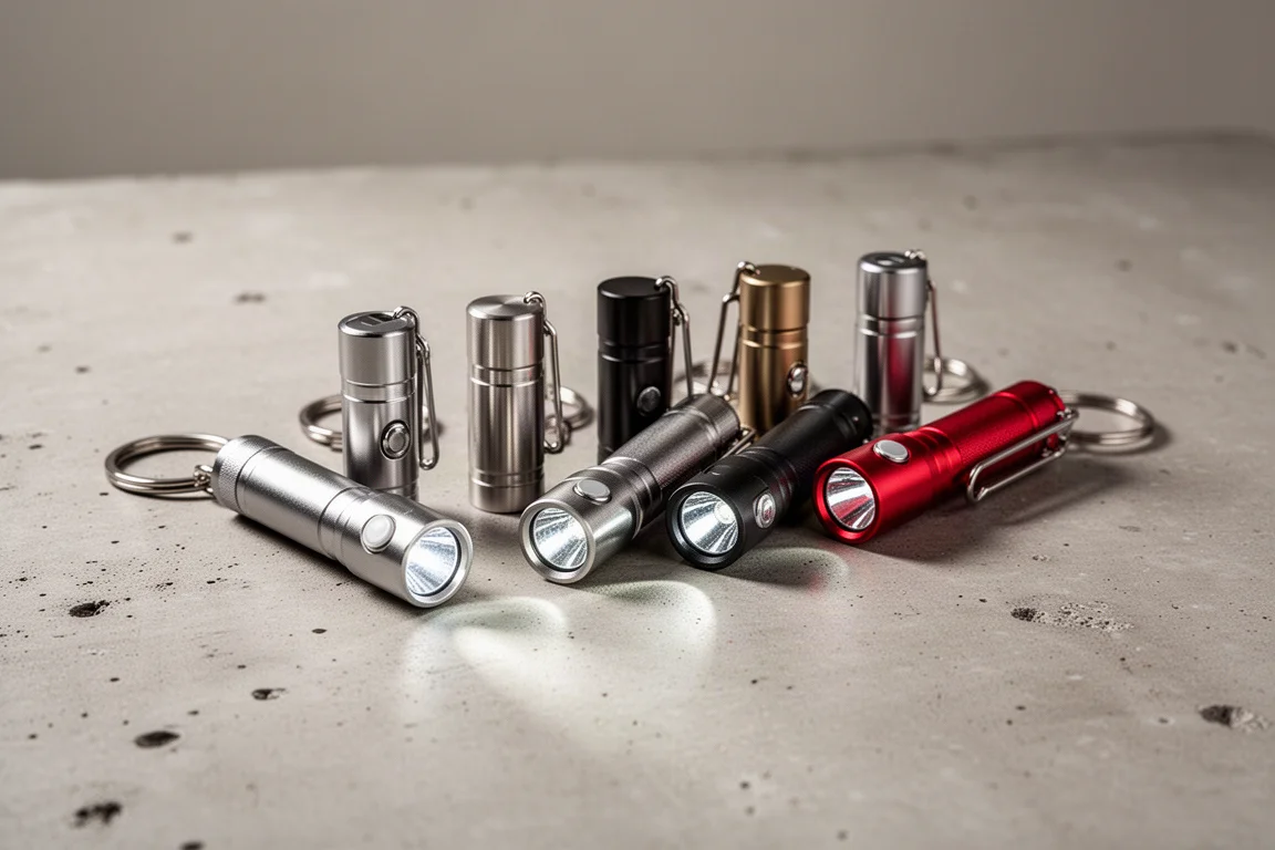 Row of small metal keychain flashlights on a concrete surface