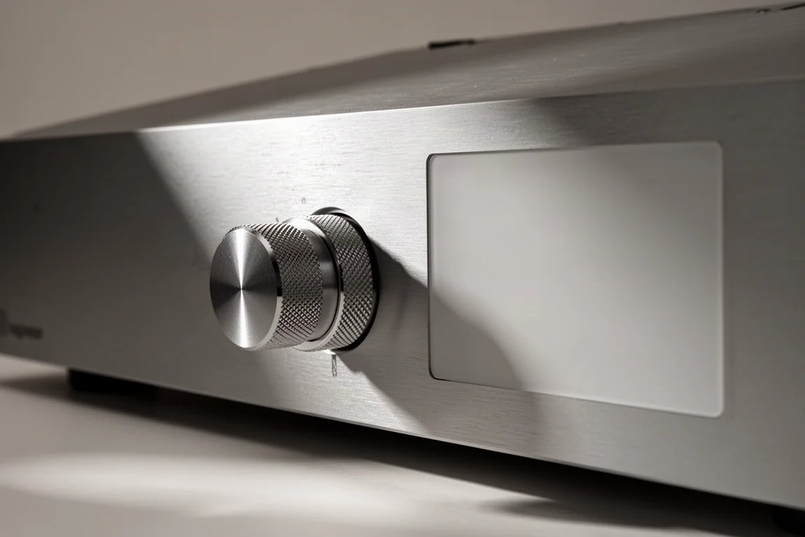 Primo piano del pannello frontale in alluminio spazzolato di un amplificatore con una grande manopola del volume