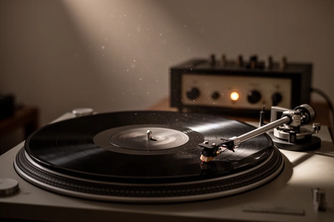 Giradischi che riproduce un disco in vinile con un amplificatore in una stanza d'ascolto in penombra