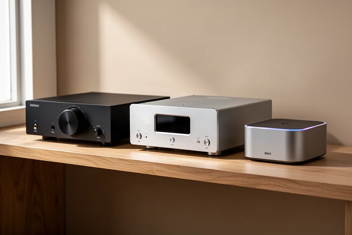 Three compact hi-fi integrated amplifiers arranged in a row on a light oak shelf