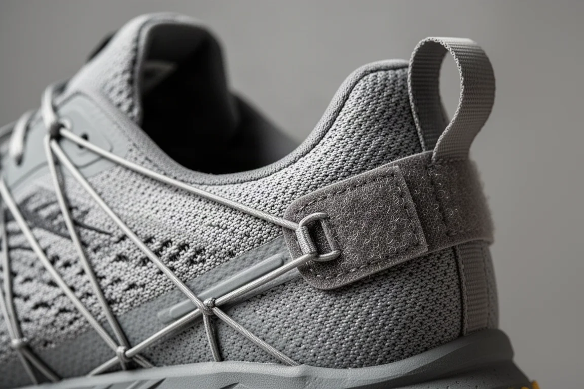Close-up of a thin toggle-style lace tensioned against a Velcro side tab on a running shoe
