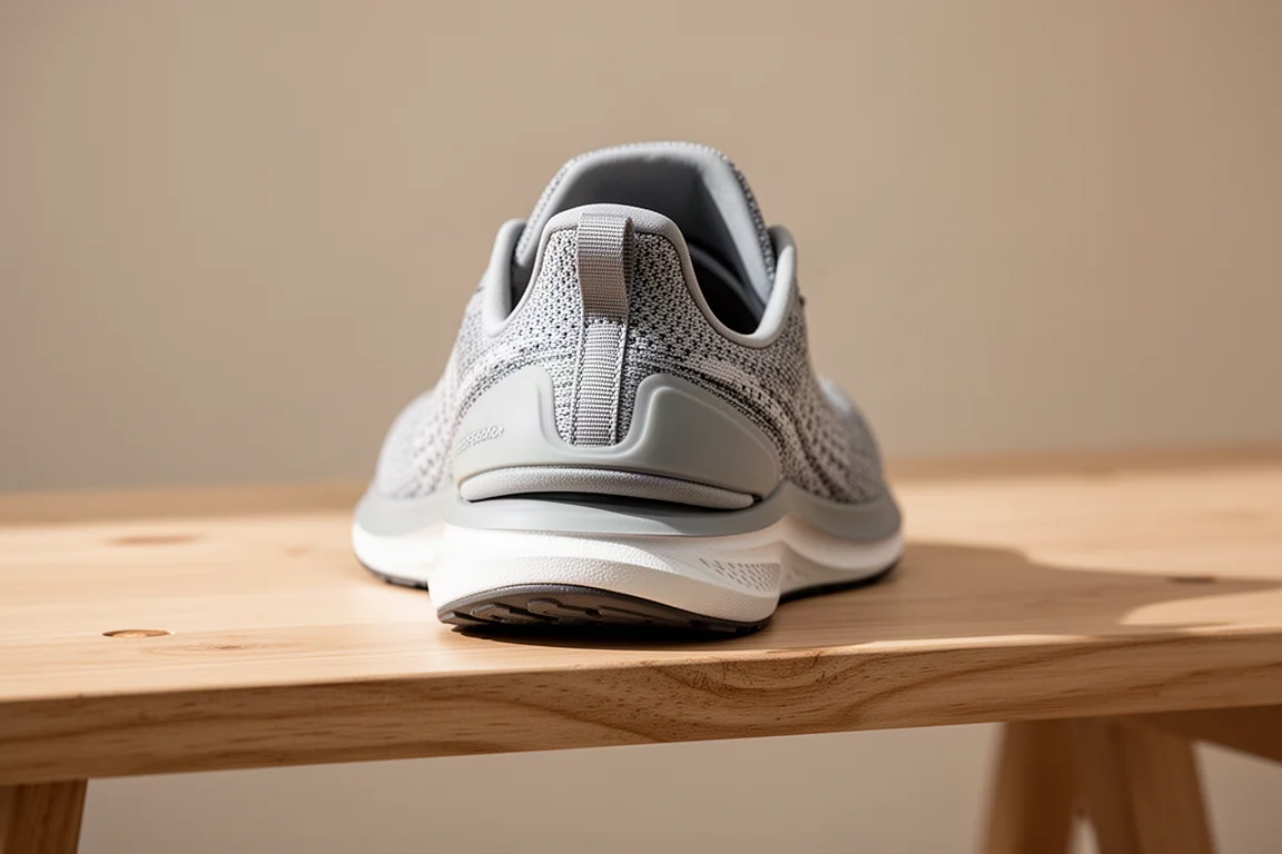 Collapsible heel of a running shoe being pressed down to allow easy foot exit