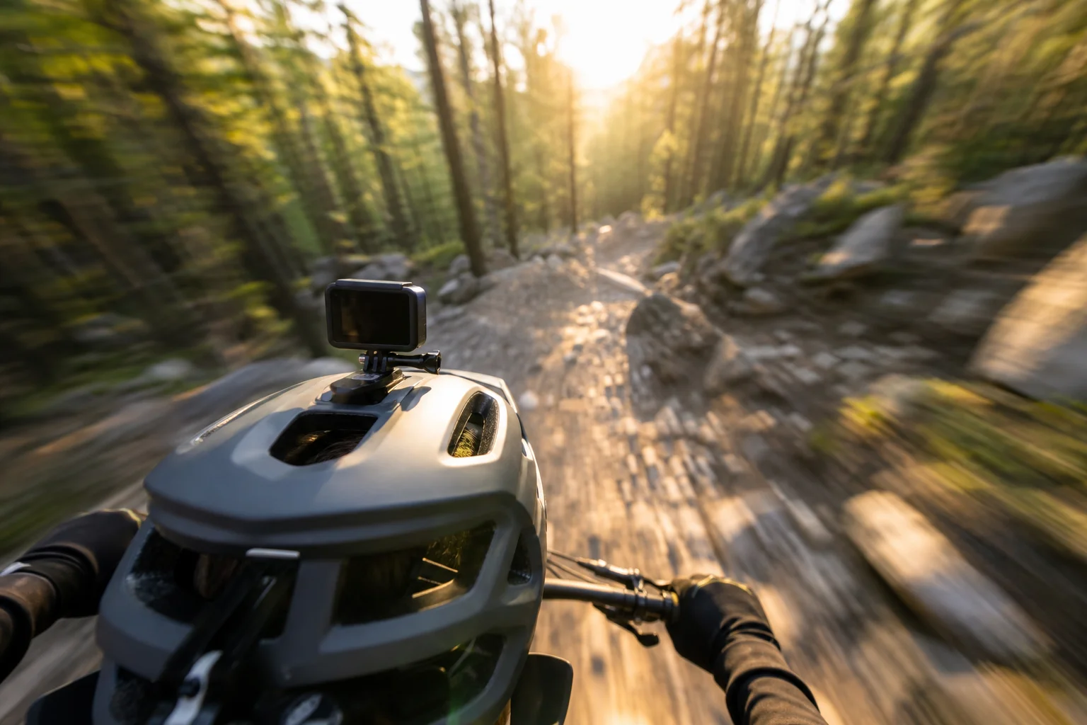 Action-Kamera an einem Helm montiert während einer Mountainbike-Abfahrt