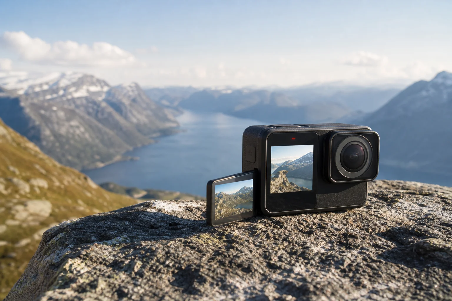 Action-Kamera mit zwei Bildschirmen auf einem Berggipfel mit Landschaft