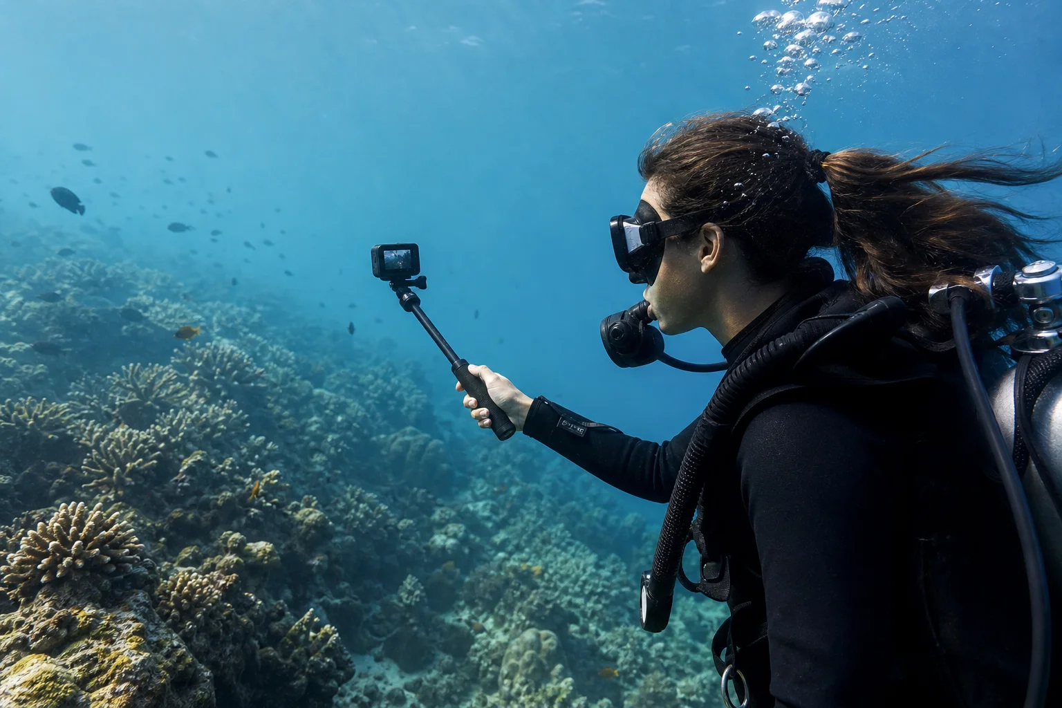 Diver holding an action camera while filming a wide underwater scene