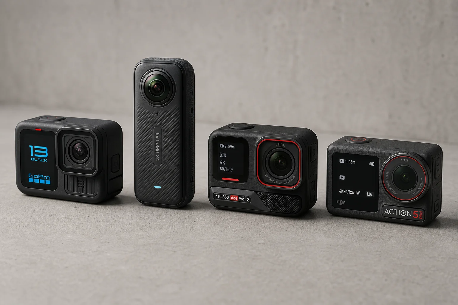 Four action cameras lined up on concrete: GoPro Hero 13, Insta360 X4, Insta360 Ace Pro 2, DJI Osmo Action 5