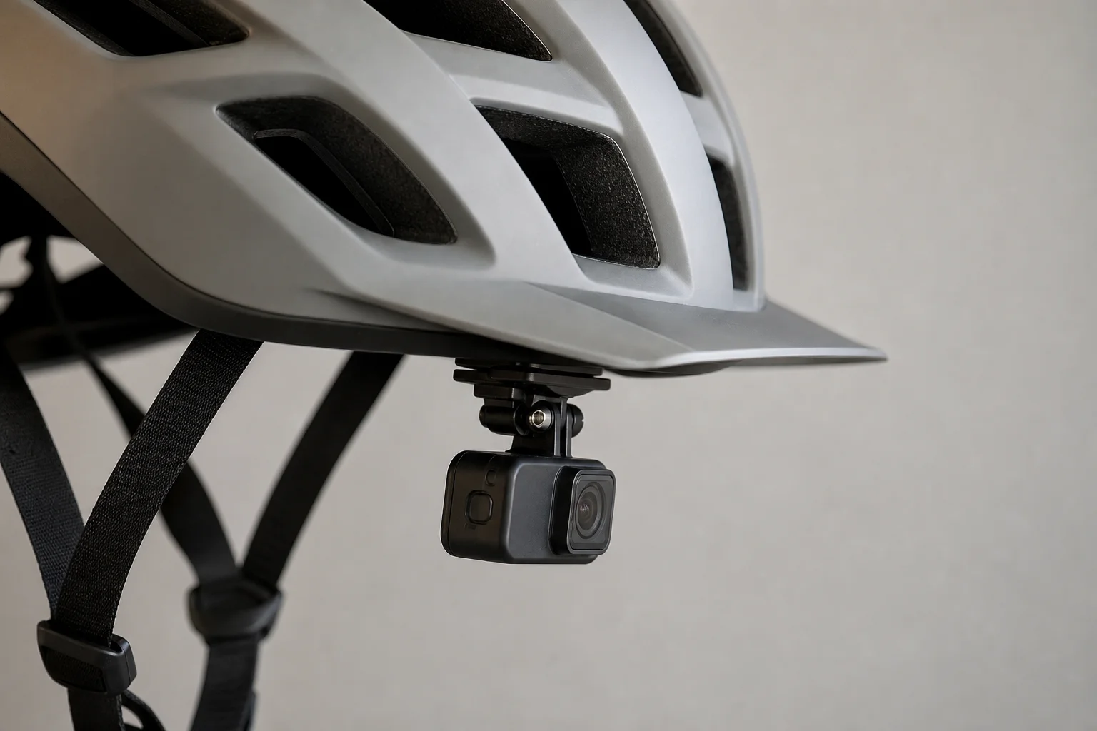 Piccola action cam montata sotto la visiera di un casco da bici